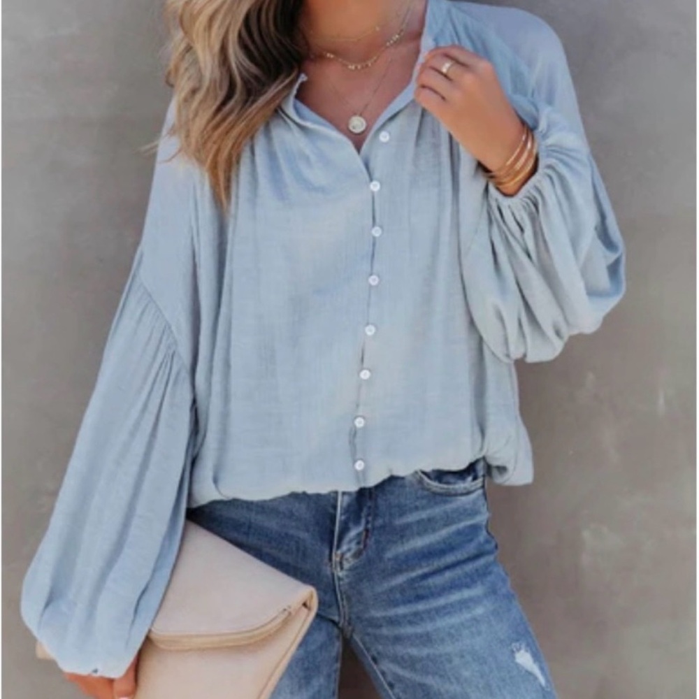 Fate Light Blue Button-Front Balloon Sleeve Blouse